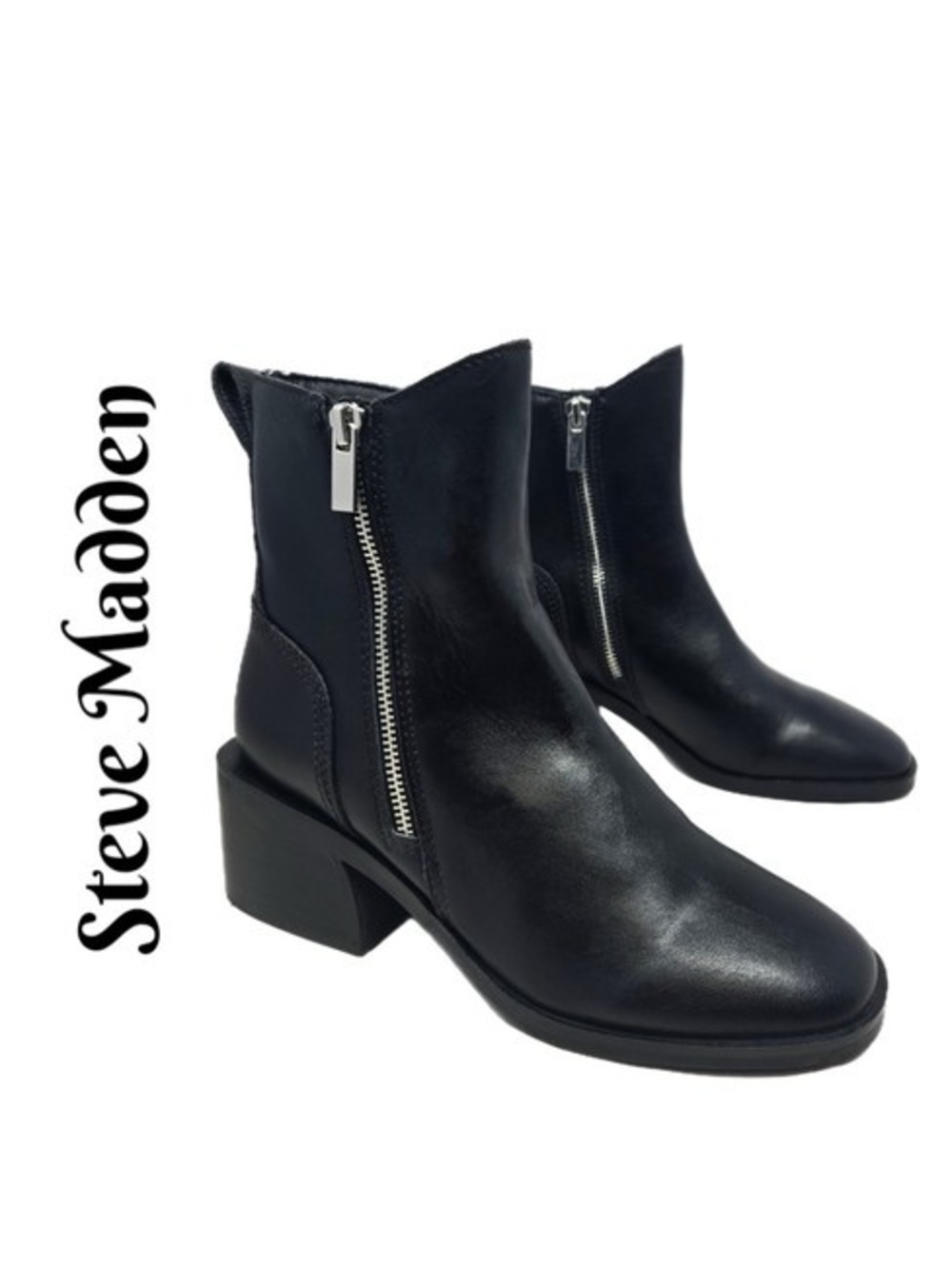 Steve Madden Black Leather Dual Side-Zip Ankle Booties